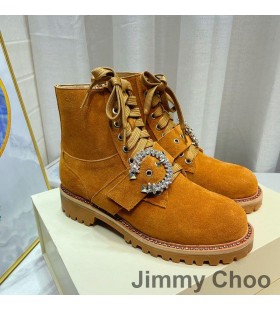 Jimmy Choo Cora Plat Luptă Cizme Femei Piele Intoarsa Cu Catarama Cristal Maro