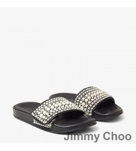 Jimmy Choo Fitz F Platform Slide-Uri De Femei Panza Si Piele Cu Perle Negre