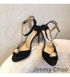 Jimmy Choo Fildeș Sandale Femei Piele Intoarsa Cu Detaliu Negru Perla
