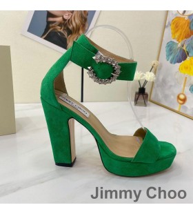 Jimmy Choo Mionne 115 Platforma Sandale Femei Piele Intoarsa Cu Catarama Cristal Verde