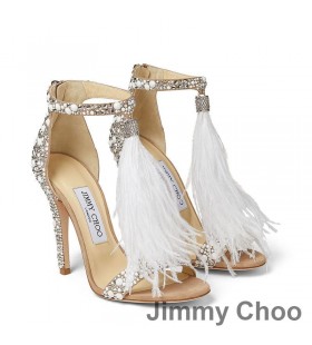 Jimmy Choo Viola 100 Sandale Femei Piele De Căprioară Cu Cristal Impodobita Și Pene De Struț Nud