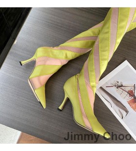 Jimmy Choo x Mugler Peste Genunchi 105 Ciorap Botine Femei cu Dungi Galben ochiurilor de Plasă