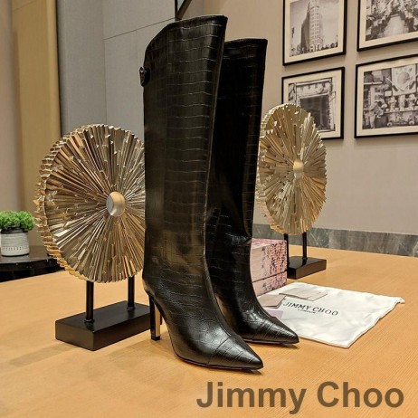 Jimmy Choo Alizze 90 Koleno Botičky Ženy Krokodíla Plastický Kožené Čierne