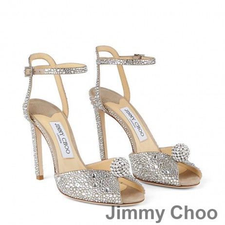 Jimmy Choo Sacora 100 Sandále Ženy Semiš S Rýchlou Kryštály A Sphere Detail Striebro