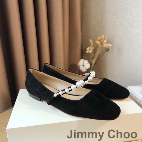 Jimmy Choo Ade 아파트 여성 스웨이드 진주 꾸밈 블랙