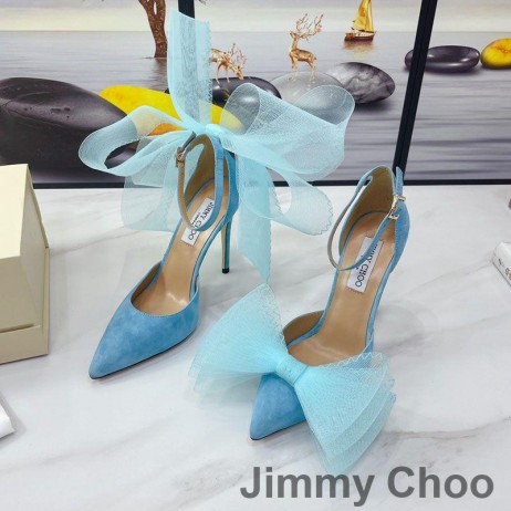 Jimmy Choo Averly100 펌프는 여성 스웨이드와 함께 대형 메시 리본 하늘색