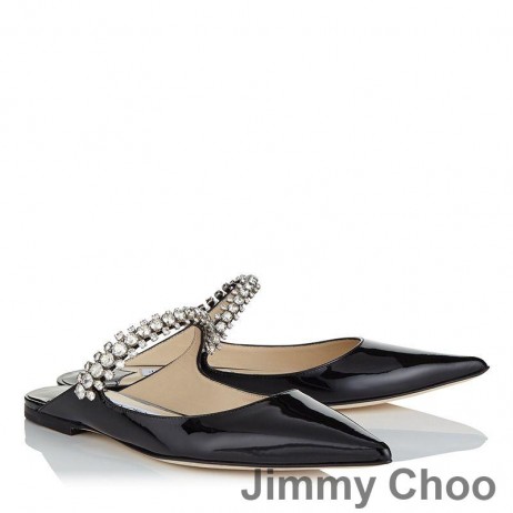 Jimmy Choo 빙 평 노새 여자 가죽으로 크리스탈 스트랩 블랙