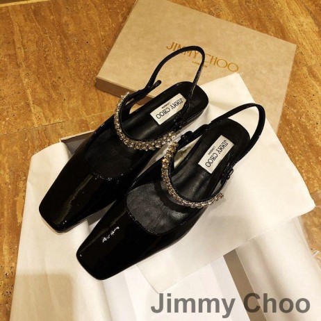 Jimmy Choo 빙 숙 아파트 여성은 특허를 가죽으로 크리스탈 스트랩 블랙