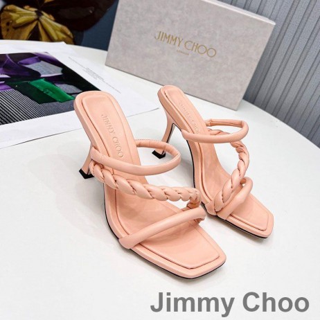 Jimmy Choo Diosa85 굽 슬라이드는 여자 가죽으로 꼰 스트랩 핑크색