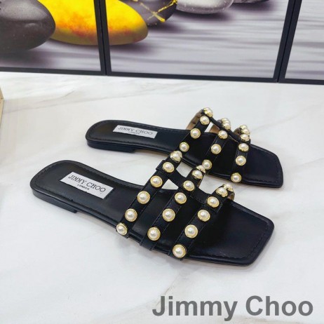 Jimmy Choo 하잘 슬라이드는 여성 나파 펄 스터드 블랙