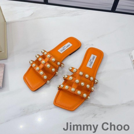 Jimmy Choo 하잘 슬라이드는 여성 나파 펄 스터드 오렌지