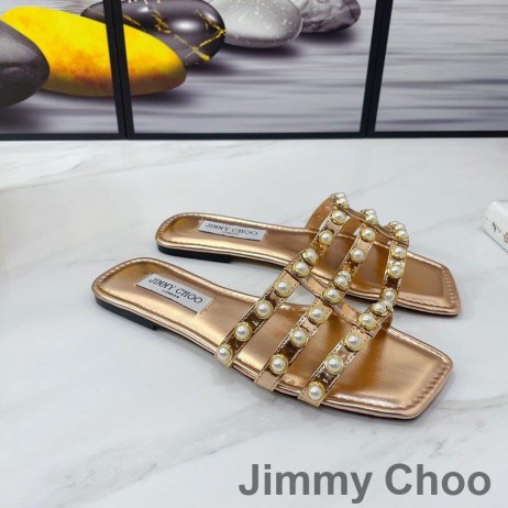 Jimmy Choo 하잘 슬라이드는 여성 나파 펄 스터드 로즈 골드