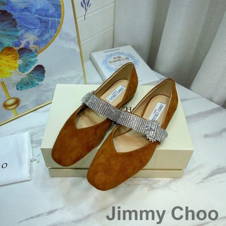 Jimmy Choo 크리스 아파트 여성 스웨이드와 함께 크리스탈 스트랩 Brown