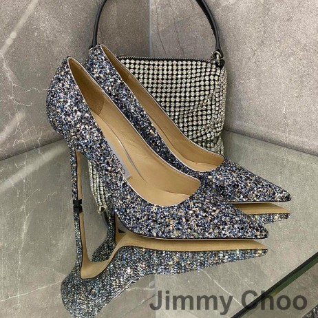 Jimmy Choo 사랑 펌프는 여성의 반짝이 저하되는 직물은 회색/파랑