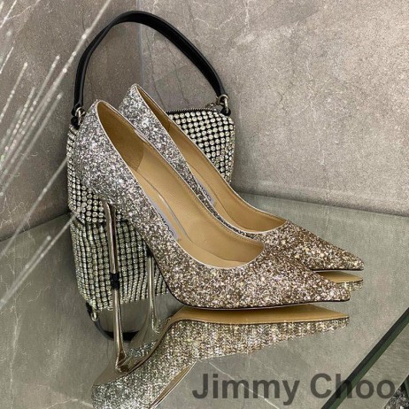 Jimmy Choo 사랑 펌프는 여성의 반짝이 저하되는 직물 은/금