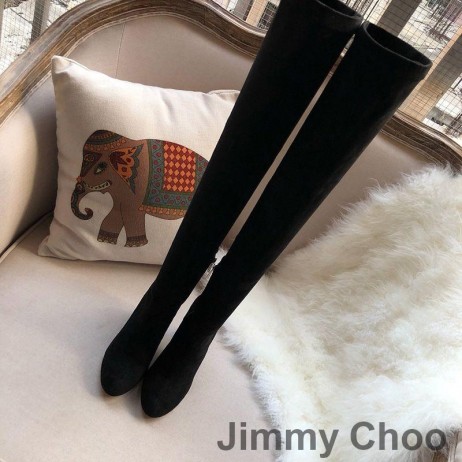 Jimmy Choo 메인 100 무릎 부츠 여성 스웨이드와 함께 크리스탈 치장 힐 블랙