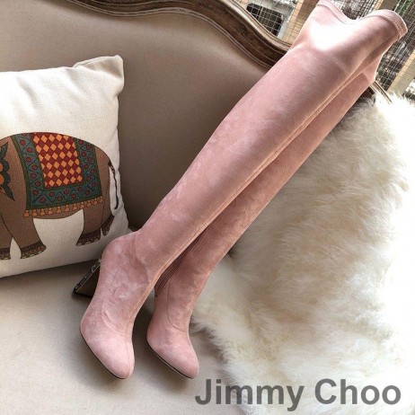 Jimmy Choo 메인 100 무릎 부츠 여성 스웨이드와 함께 크리스탈 치장 힐 핑크색
