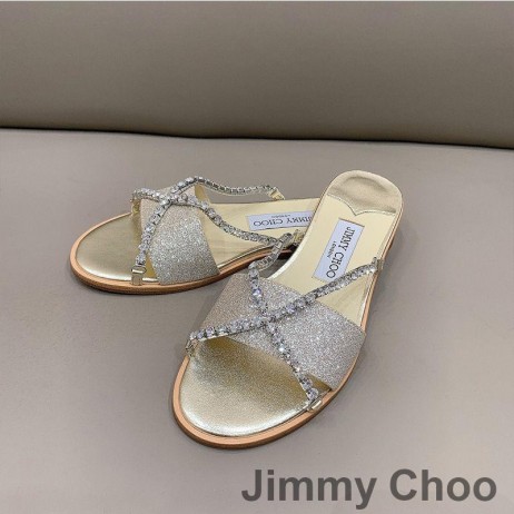 Jimmy Choo Minea 슬라이드는 여성의 반짝이 직물과 함께 크리스탈 골드 체인