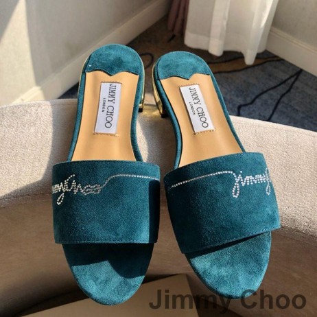 Jimmy Choo Minea 슬라이드는 여성 스웨이드로 결정 장식 녹색