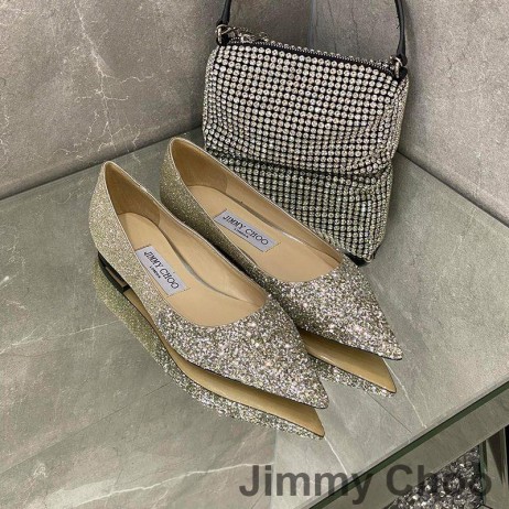 Jimmy Choo Romy 아파트 여성의 반짝이 직물 그레이/Silver