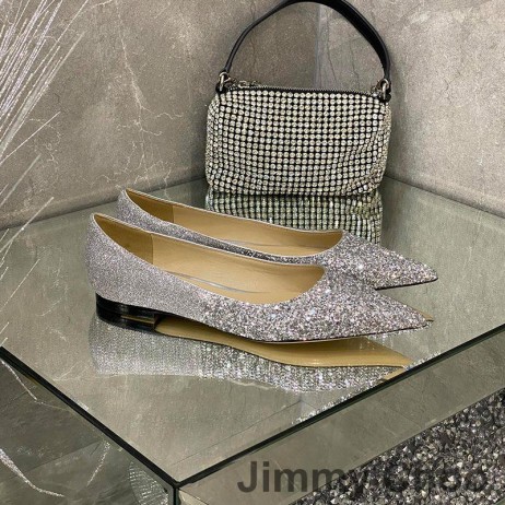 Jimmy Choo Romy 아파트 여성의 반짝이는 직물 은/그레이