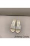 Jimmy Choo Minea 슬라이드는 여성의 반짝이 직물과 함께 크리스탈 골드 체인