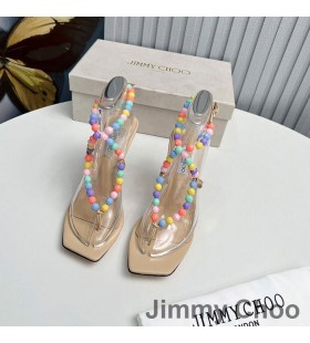 Jimmy Choo 이 호텔은 85 샌들 여성 Nappa 가죽을 가진 구슬로 만드는 라피아 야자 살구