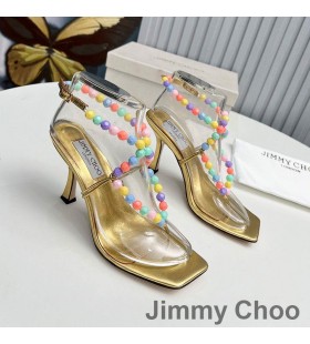 Jimmy Choo 이 호텔은 85 샌들 여성 Nappa 가죽을 가진 구슬로 만드는 라피아 야자 금
