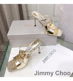 Jimmy Choo Anise 85 Heeled Slides Women Patent Leather Gold/White