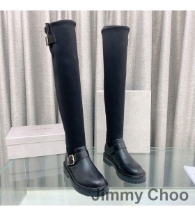 Jimmy Choo 자 II 무릎 부츠 여성 스트레치 접착식 패브릭 골드 버클 블랙