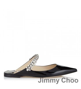 Jimmy Choo 빙 평 노새 여자 가죽으로 크리스탈 스트랩 블랙