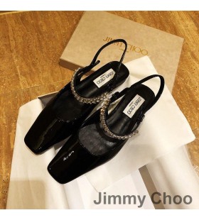 Jimmy Choo 빙 숙 아파트 여성은 특허를 가죽으로 크리스탈 스트랩 블랙
