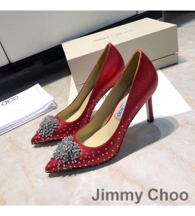 Jimmy Choo Joan85 펌프는 여성의 반짝이 직물과 함께 불꽃 빨간색 크리스탈