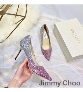 Jimmy Choo 사랑 펌프는 여성의 반짝이 저하되는 직물 분홍색/은색