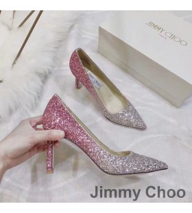 Jimmy Choo 사랑 펌프는 여성의 반짝이 저하되는 직물 은/분홍색