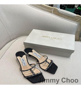 Jimmy Choo Maelie60 굽 슬라이드는 여성의 반짝이 직물과하고 길쌈된 리본을 검정