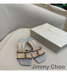 Jimmy Choo Maelie60 굽 슬라이드는 여성의 반짝이 직물과하고 길쌈한 리본버