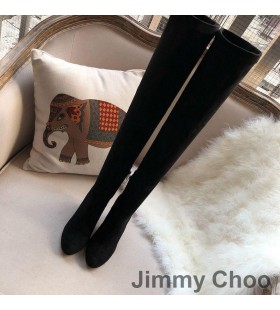 Jimmy Choo 메인 100 무릎 부츠 여성 스웨이드와 함께 크리스탈 치장 힐 블랙