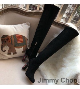 Jimmy Choo 메인 100 무릎 부츠 여성 스웨이드와 함께 크리스탈 치장 힐 블랙