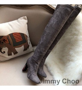 Jimmy Choo 메인 100 무릎 부츠 여성 스웨이드와 함께 크리스탈 치장 힐 Grey