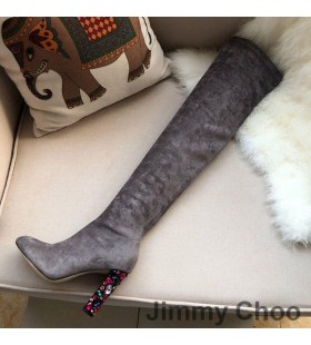 Jimmy Choo 메인 100 무릎 부츠 여성 스웨이드와 함께 크리스탈 치장 힐 Grey