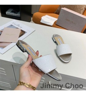 Jimmy Choo Minea 슬라이드는 여성의 반짝이는 흰색 직물