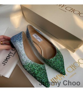 Jimmy Choo Romy 아파트 여성의 반짝이 직물 Green/Blue