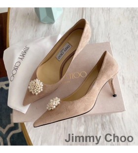 Jimmy Choo Romy 펌프는 여성 스웨이드 진주 장식한 누드