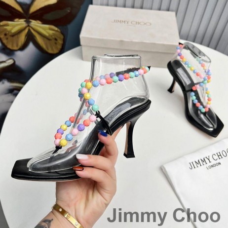 Ženske Sandale Jimmy Choo Amiral 85 Od Napa Kože S Расшитой Perle Рафией Crne Boje