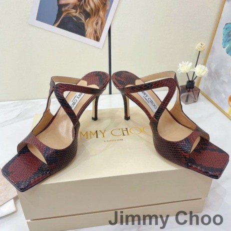 Ženske Japanke na petu cipele Jimmy Choo Anise 85 od zmijske Tamnocrvena boja