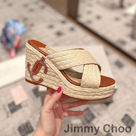 Jimmy Choo Dovina 95 Wedge Slides Women Natural Raffia With JC Monogram Beige