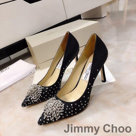 Cipele-brod Jimmy Choo Joan 85 Ženske Od Sjajnu Tkiva Uz Vatromet I Kristalima Crne Boje