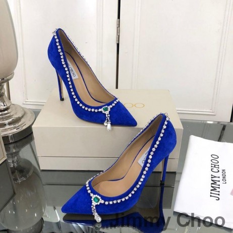 Cipele-brod Jimmy Choo Love 100 Ženske Baršun S ogrlicom od Smjese Kristala Plave Boje