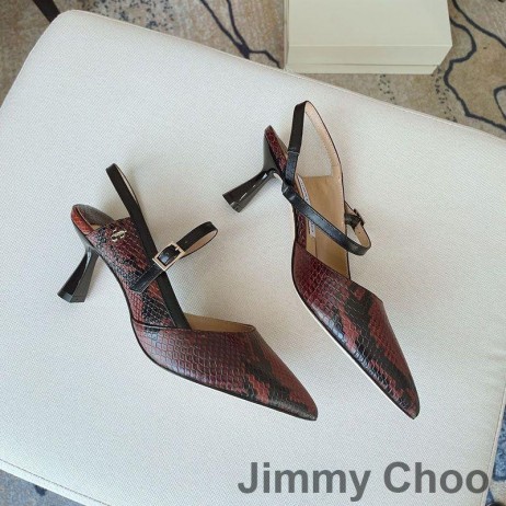 Ženske cipele-brod Jimmy Choo Ray 65 sa svoje preklopnom Naslonom Od Kože Pythona S Monogramom JC Tamnocrvena Boja